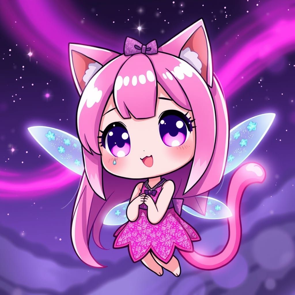 Adorable Kawaii Fairy Soars Under Sparkling Night Sky