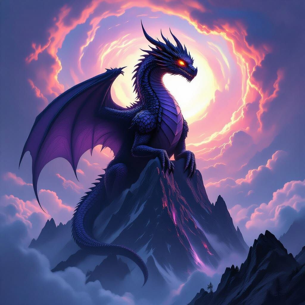 Colossal Dragon on Mountain Peak with Iridescent Clouds