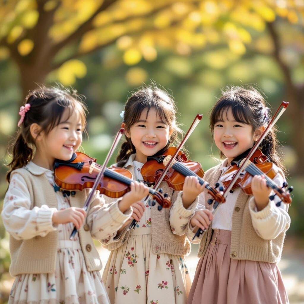 Korean School Friends Play Violins in Lively Photo