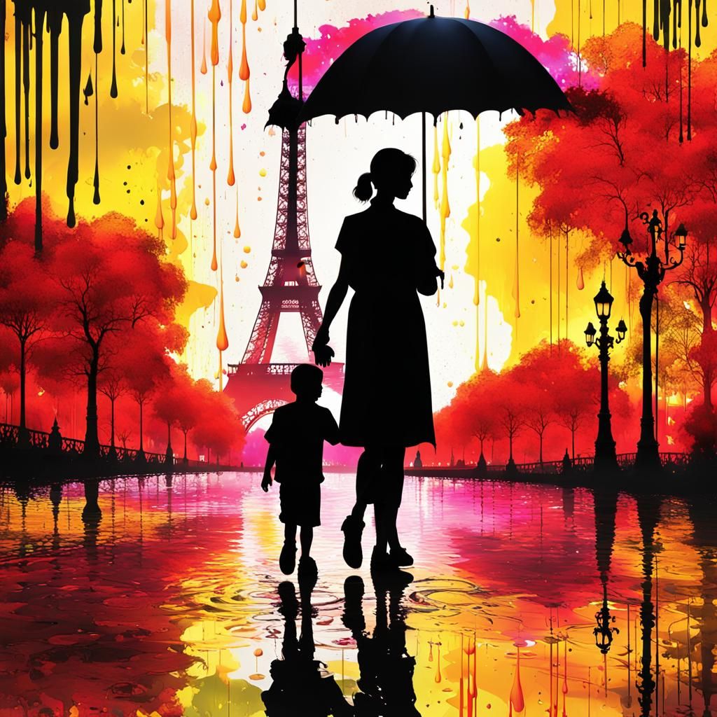 Parisian Silhouette: Mother and Child in Fluorescent Rain