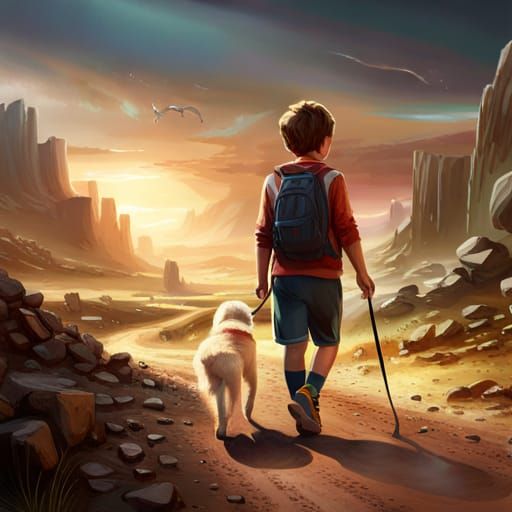 Boy and Dog on Dusty Road: Detailed Matte Painting