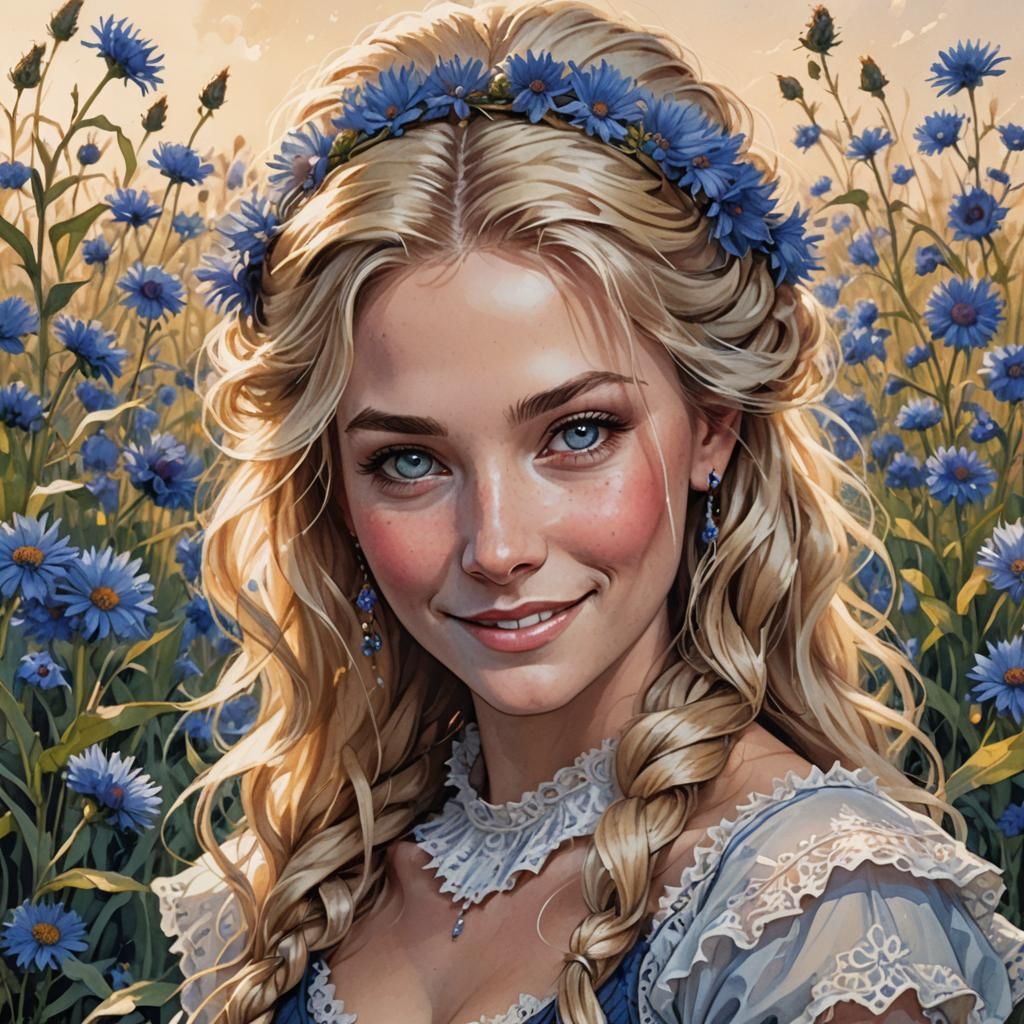 Glowing Blonde Woman in Cornflower Field, Concept Art