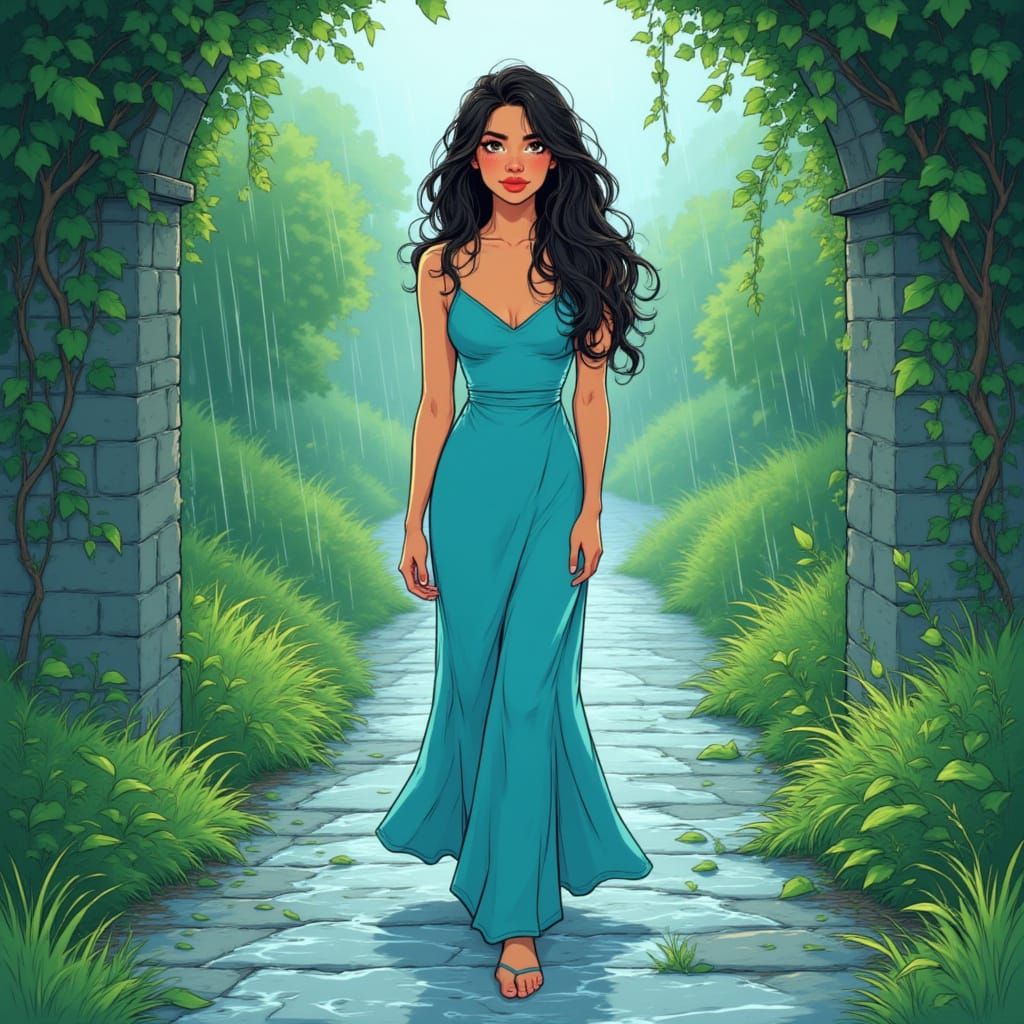 Woman in Aqua Dress on Rainy Stone Path