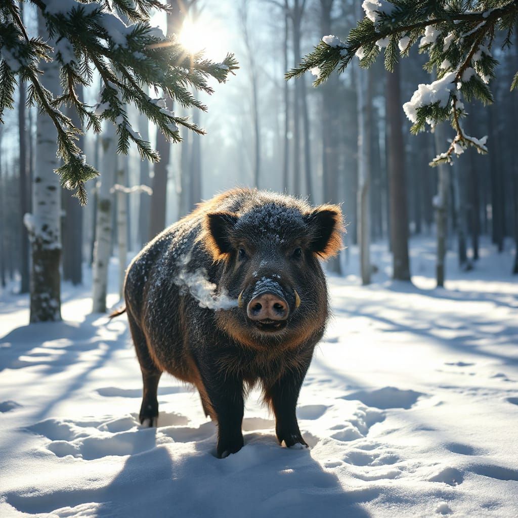 Majestic Frost-Covered Boar in Sunlit Winter Forest