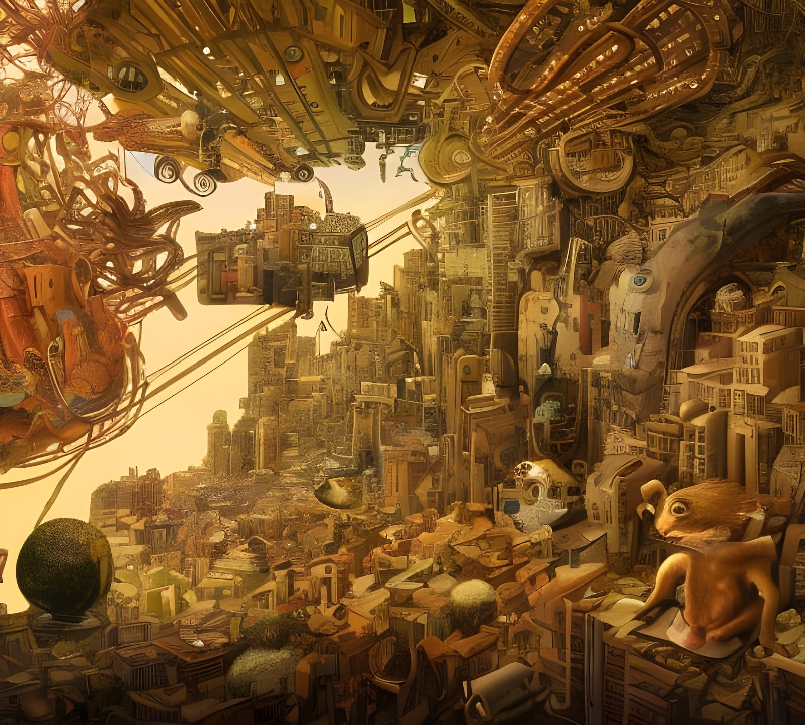 Futuristic Cityscape with Bizarre Creatures in Detailed Pain...