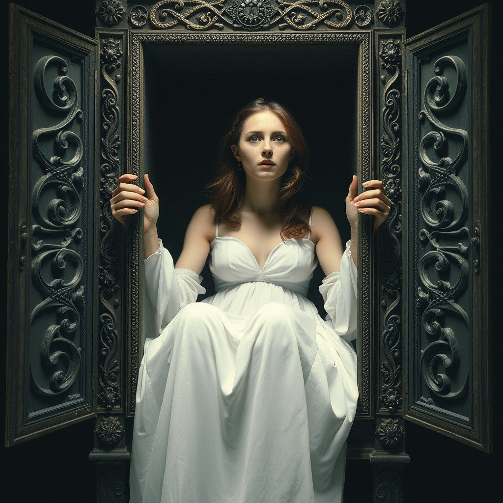 Woman Trapped in Ornate Box: Surrealist Art