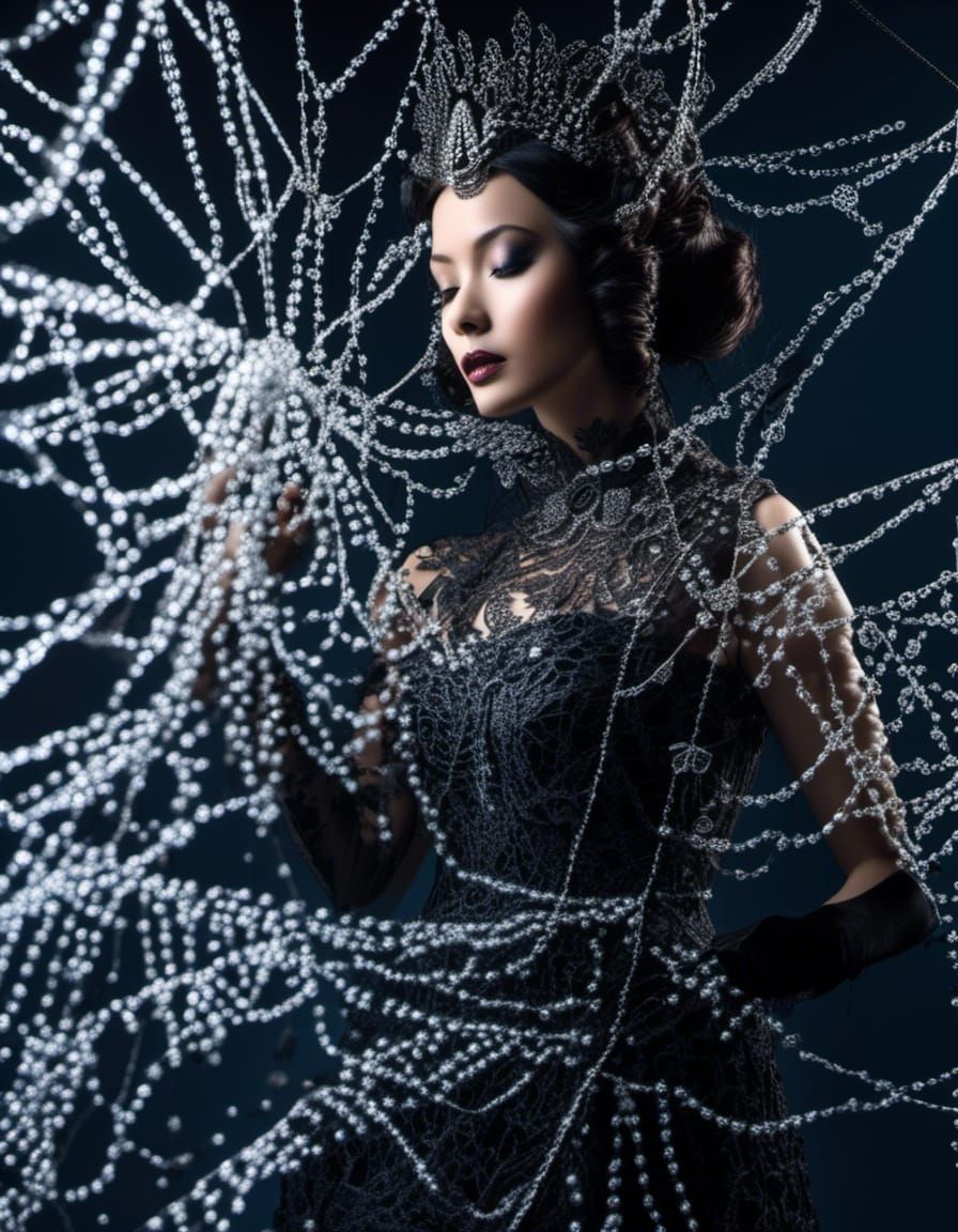 Spider Goddess Woven in Web with Dramatic Lighting