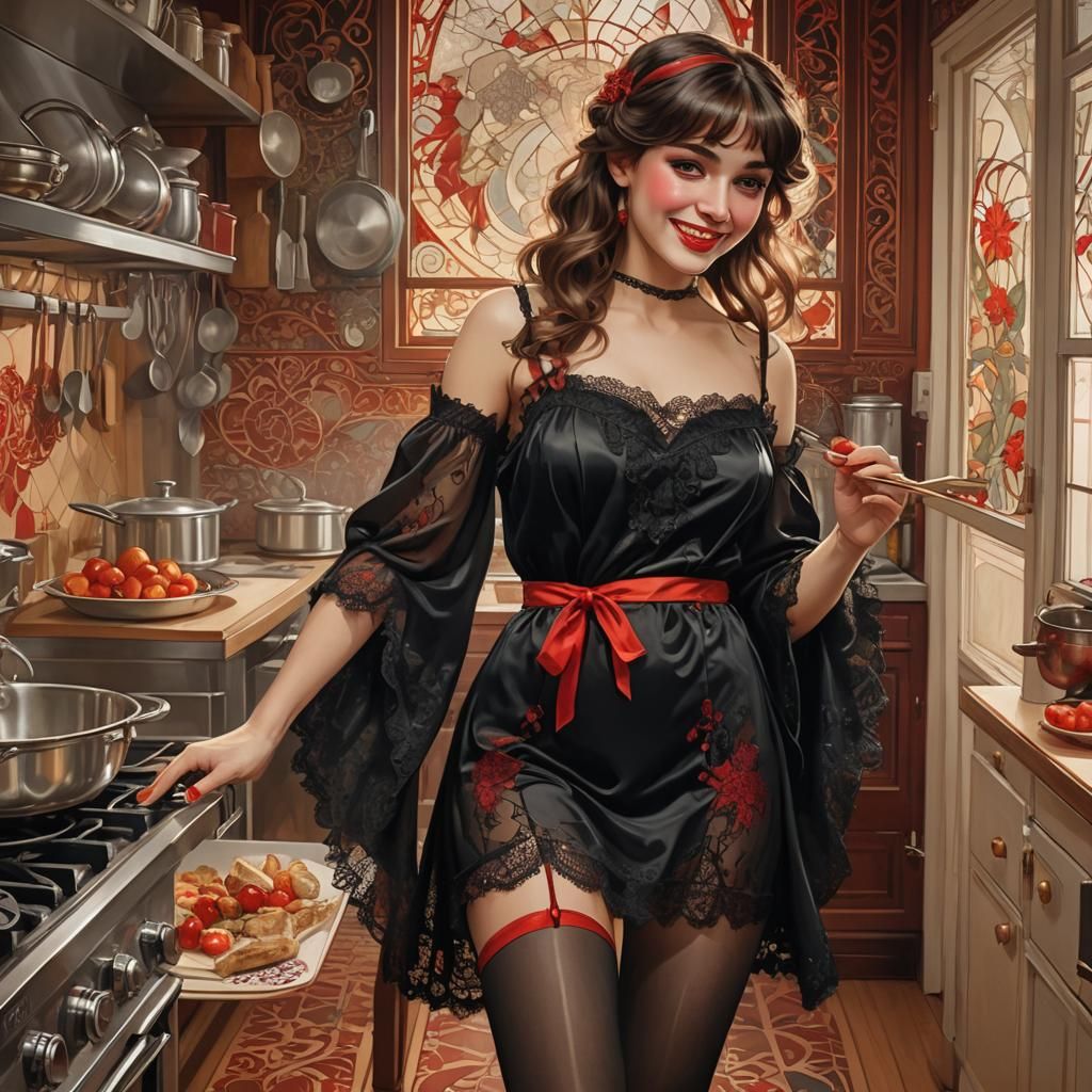 Smiling Woman in Kitchen, Art Nouveau Digital Art