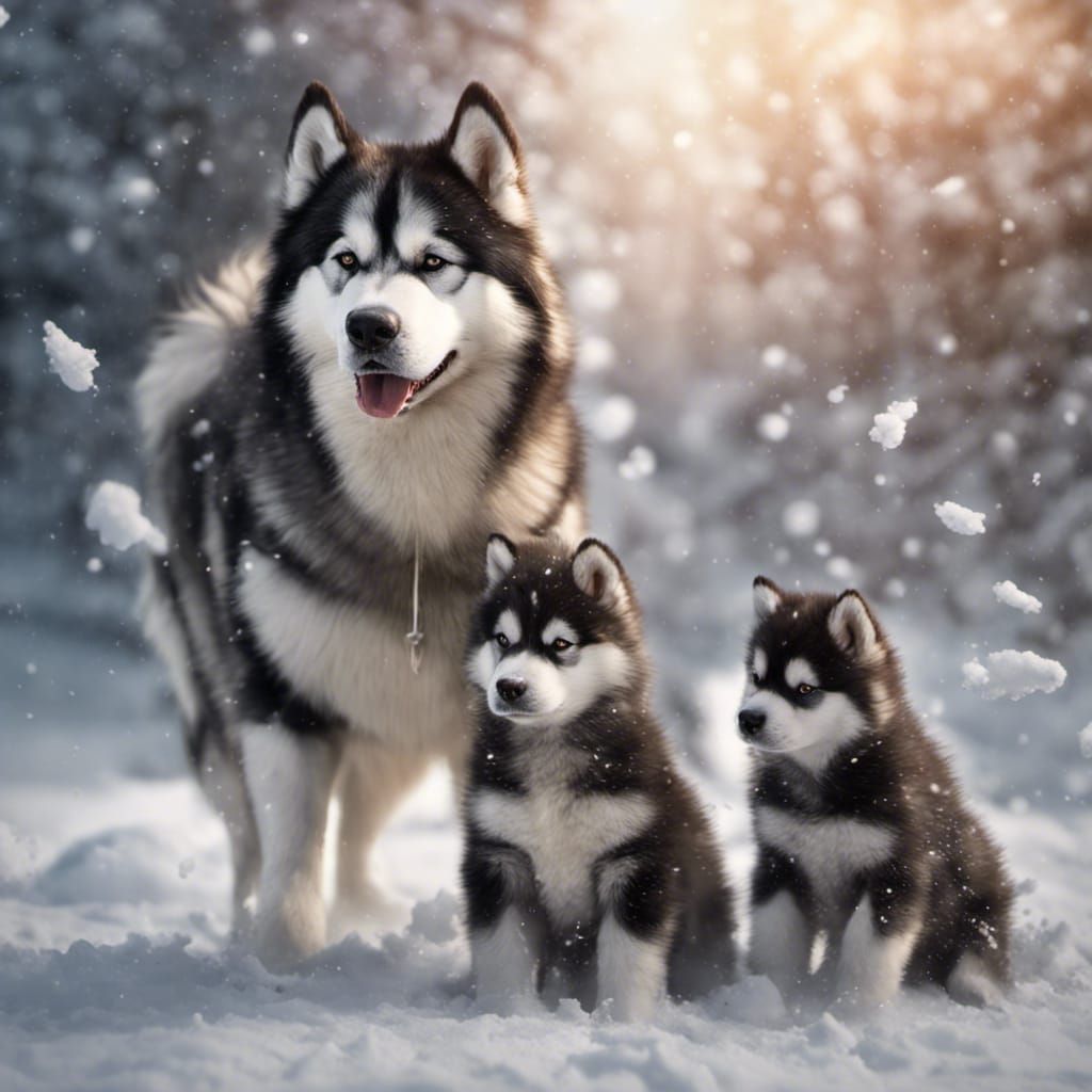 Alaskan Malamute and Puppies in Winter Snow