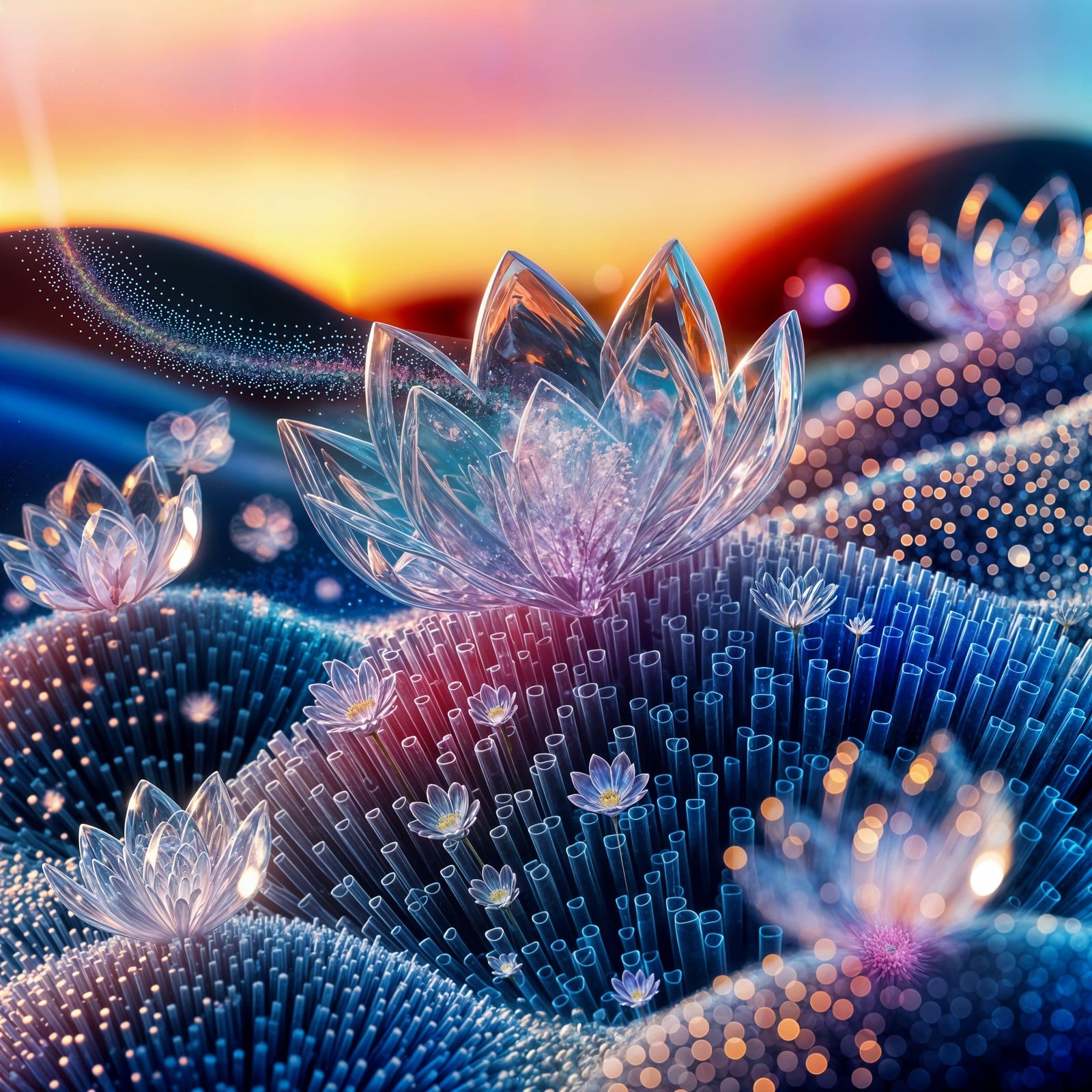 Crystalline Flowers Erupting in Digital Landscape