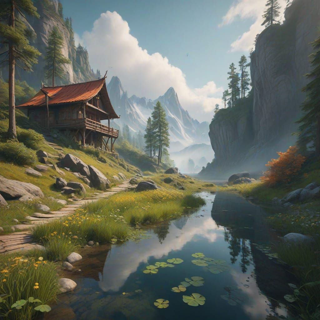 Serene Mountain Valley with Rainbow Bridge and Emerald Fores...