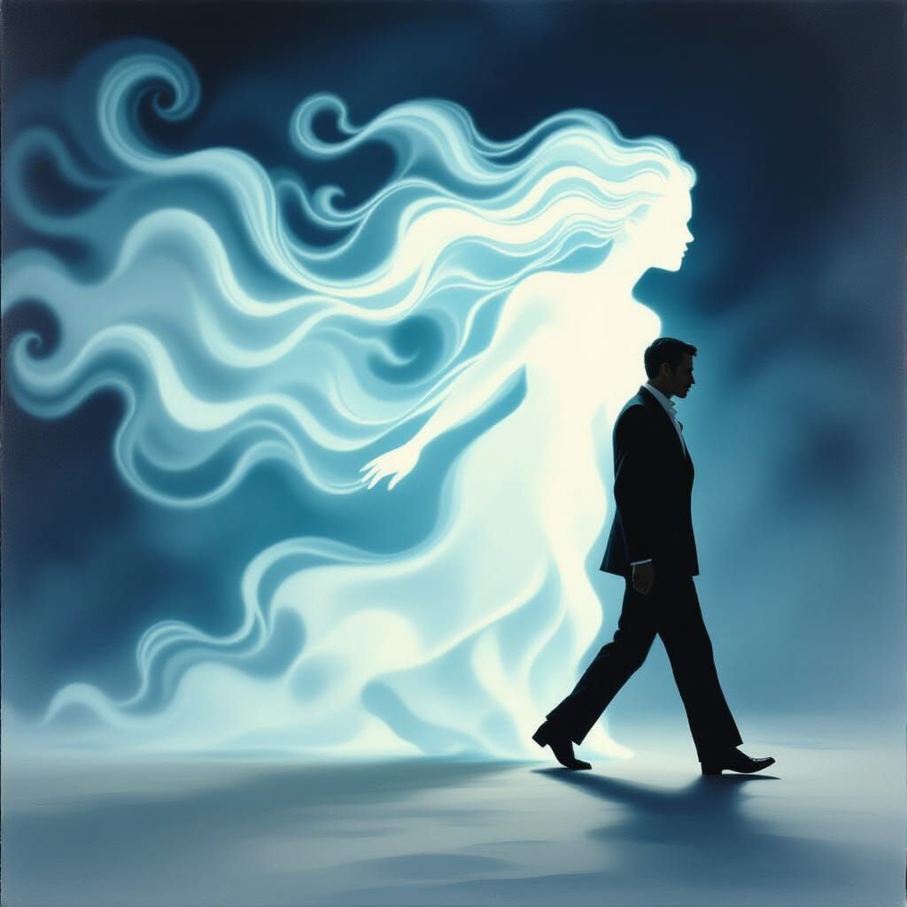 Man Dissolving into Woman in Ethereal Mist