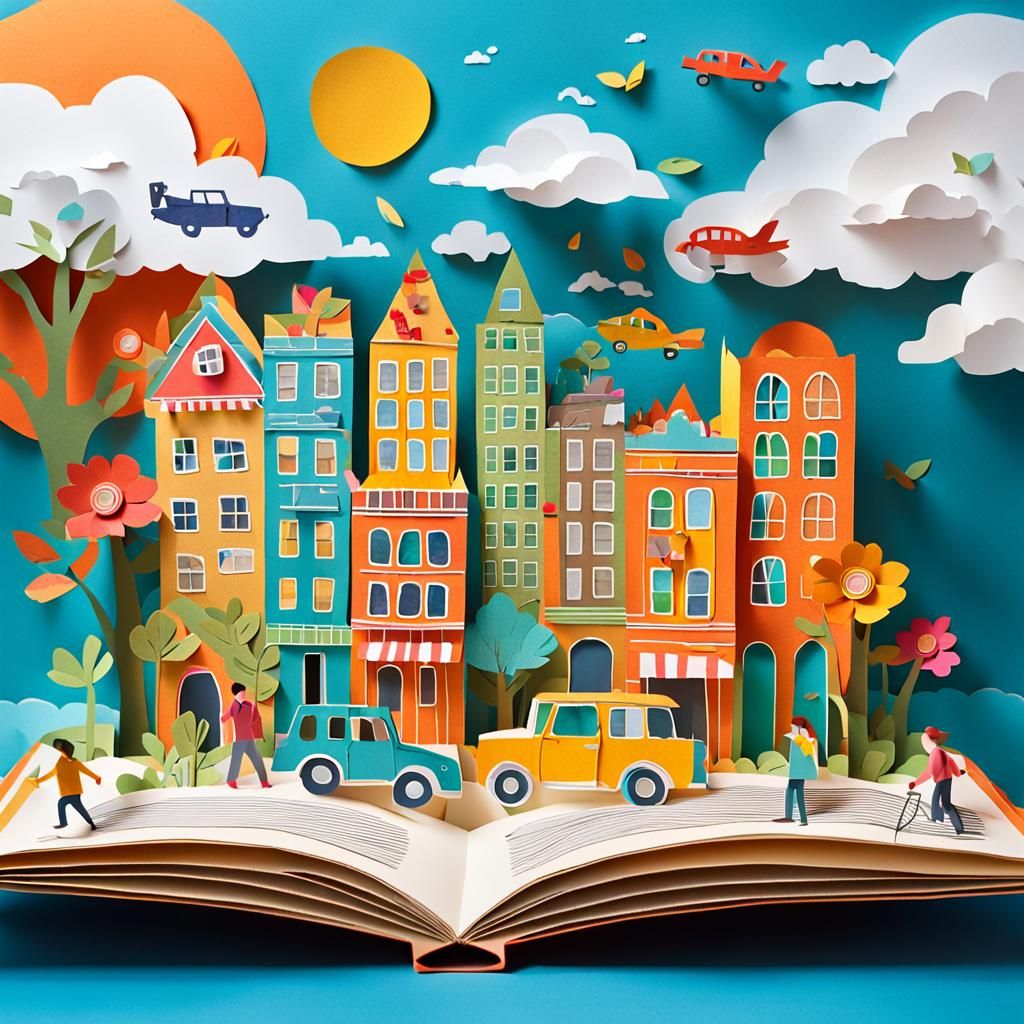 Vibrant Pop-Up Book Cityscape in Street Art Style