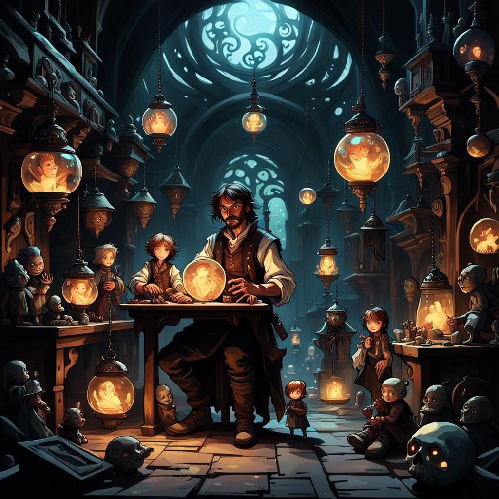 Mystical Game Developer in Dark Fantasy Workshop