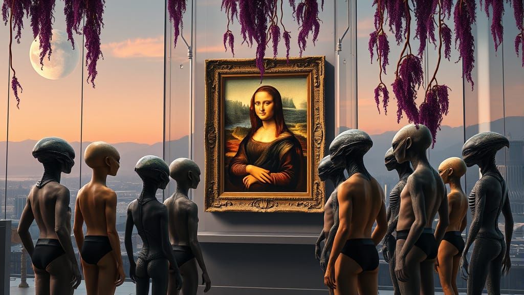 Aliens Admire Mona Lisa in Exotic Museum