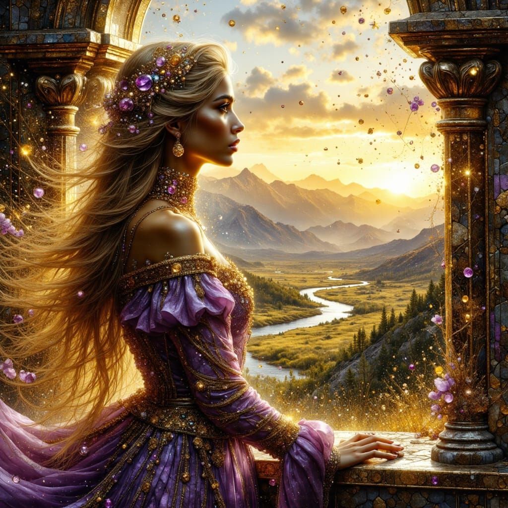 Medieval Woman Gazing at Sunset in Metallic Style