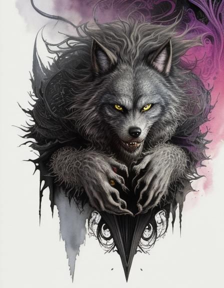 Gothic Werewolf Howl in Surreal Watercolor Horror