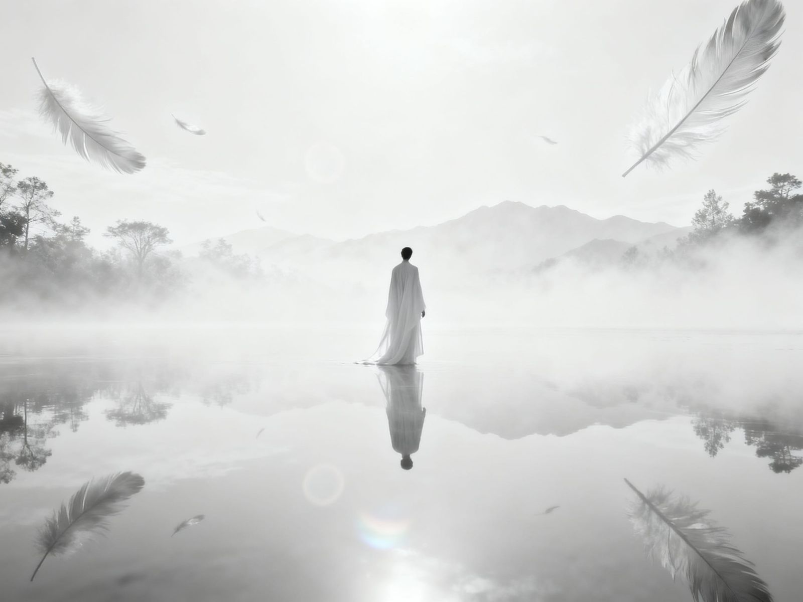 Ethereal White Landscape with Lone Figure
