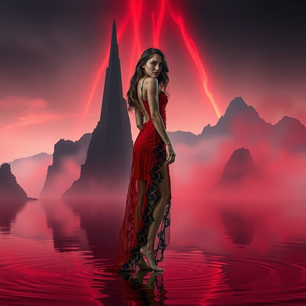 Ethereal Beauty in Crimson Dreamscape
