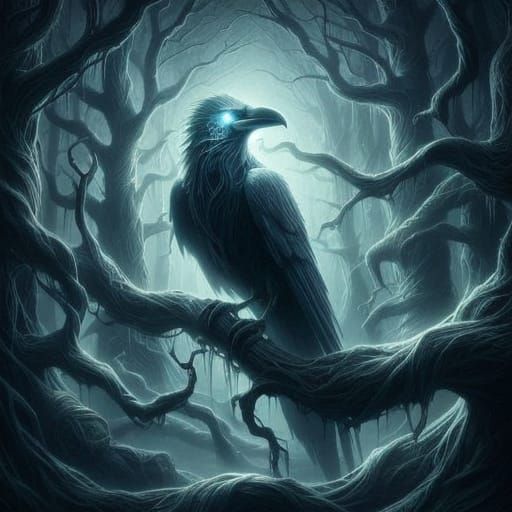 Spectral Raven in Haunted Forest, Eerie Atmosphere