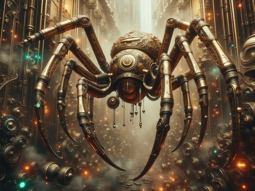 Neo-Steampunk Spider in Metropolis, Art Nouveau Style