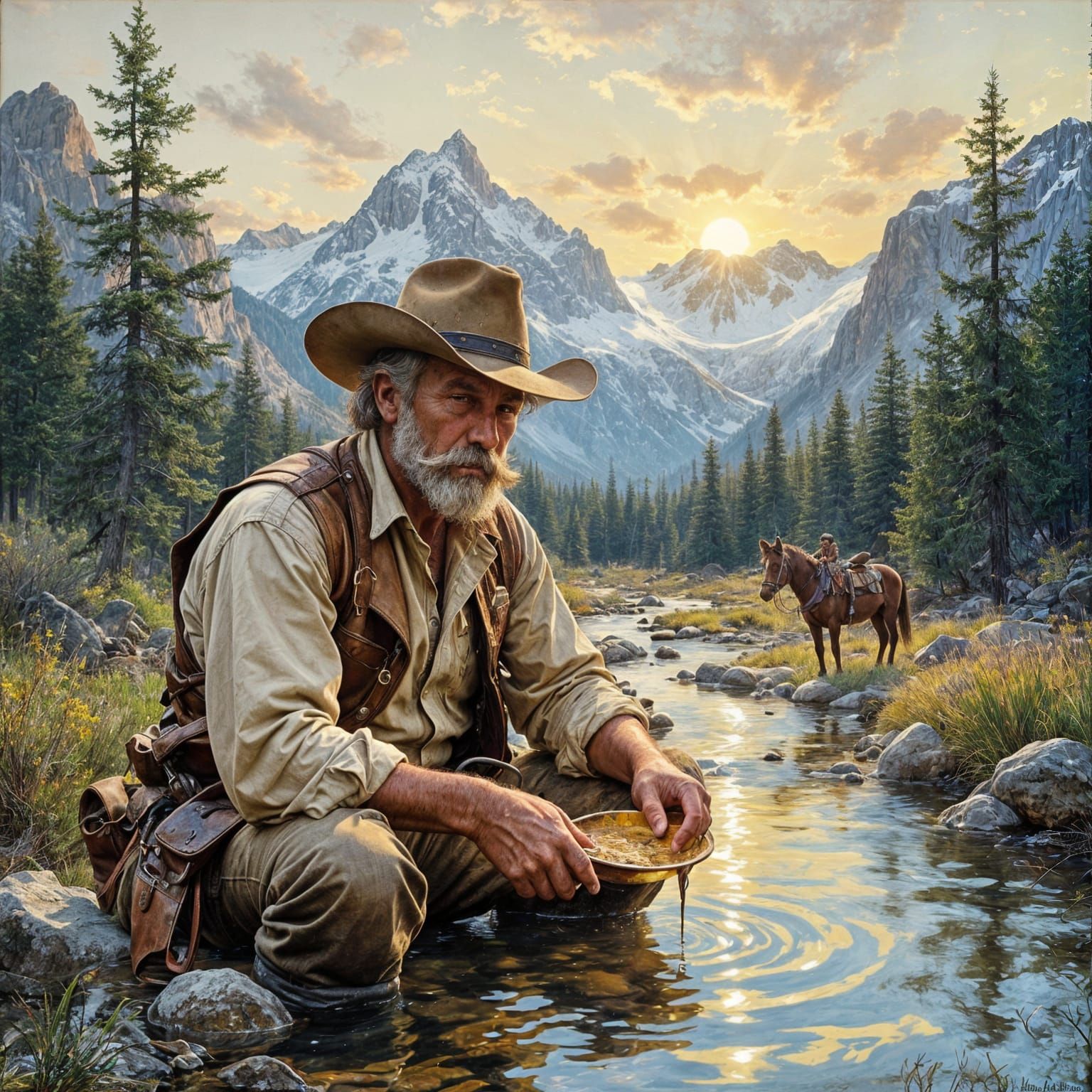 Prospector Panning for Gold in Mountain Stream