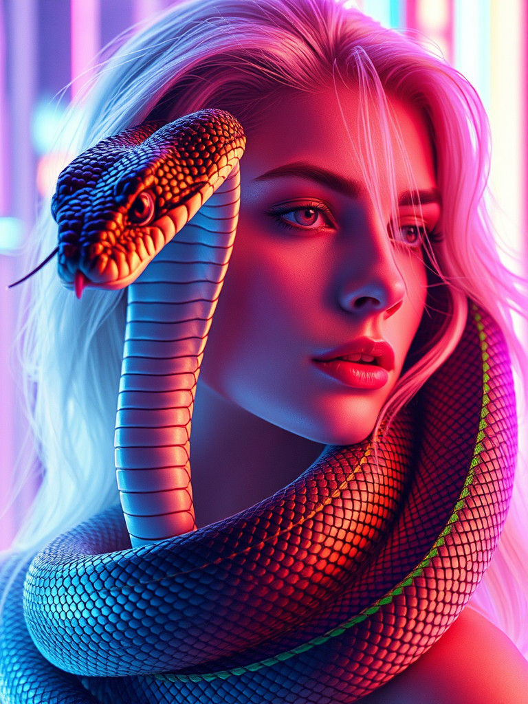 King Cobra Coiled Around Woman in Vaporwave Glitch