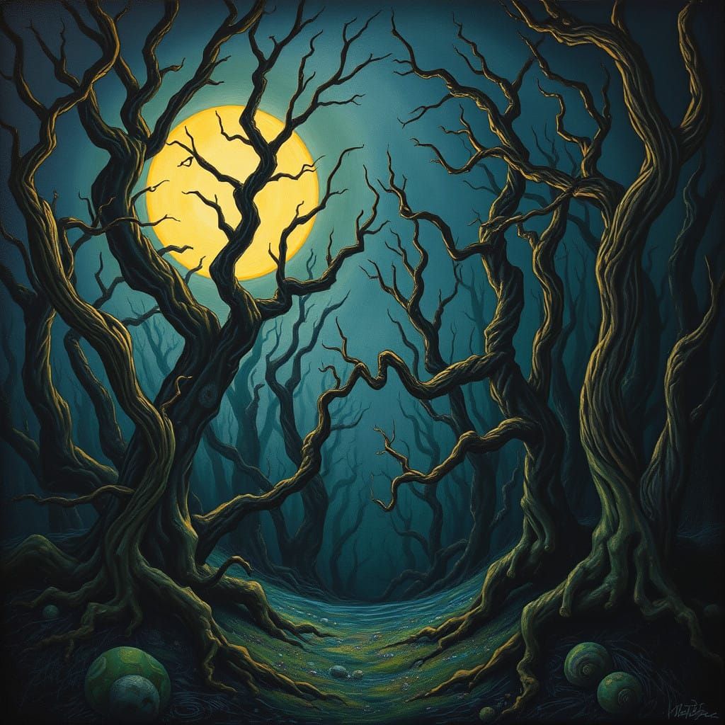 Moonlit Forest in Folk Art Surrealism