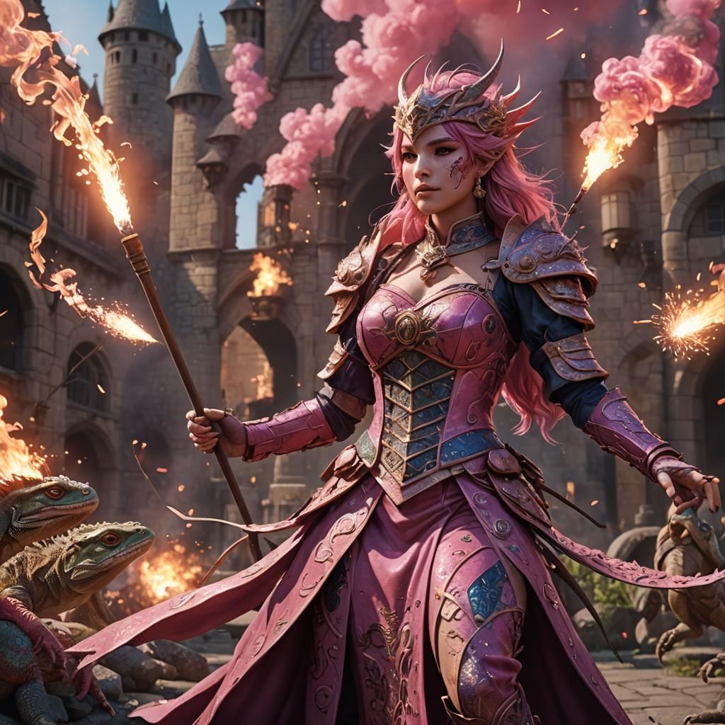 Medieval Lizard Girl in Pyrotechnic Pink, Detailed Matte Pai...