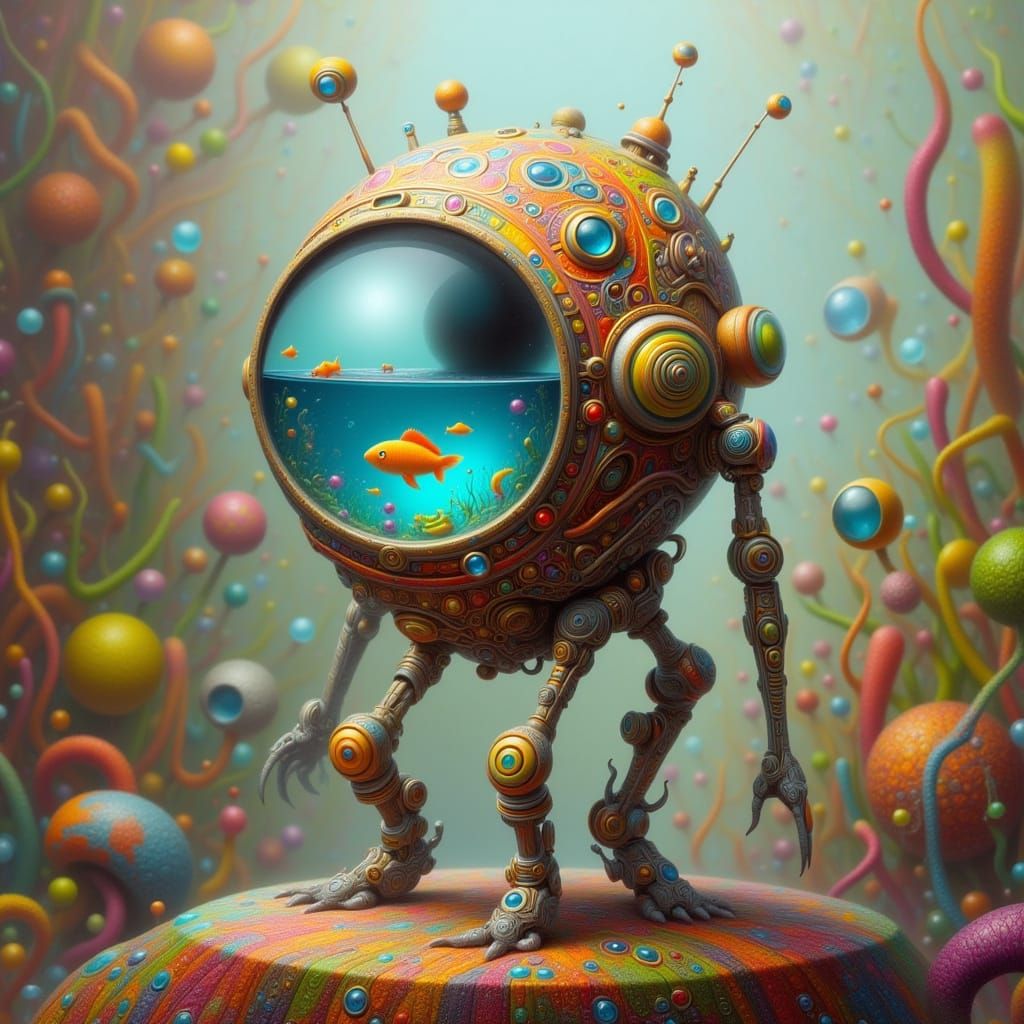 Cute Robot Holding a Fishbowl