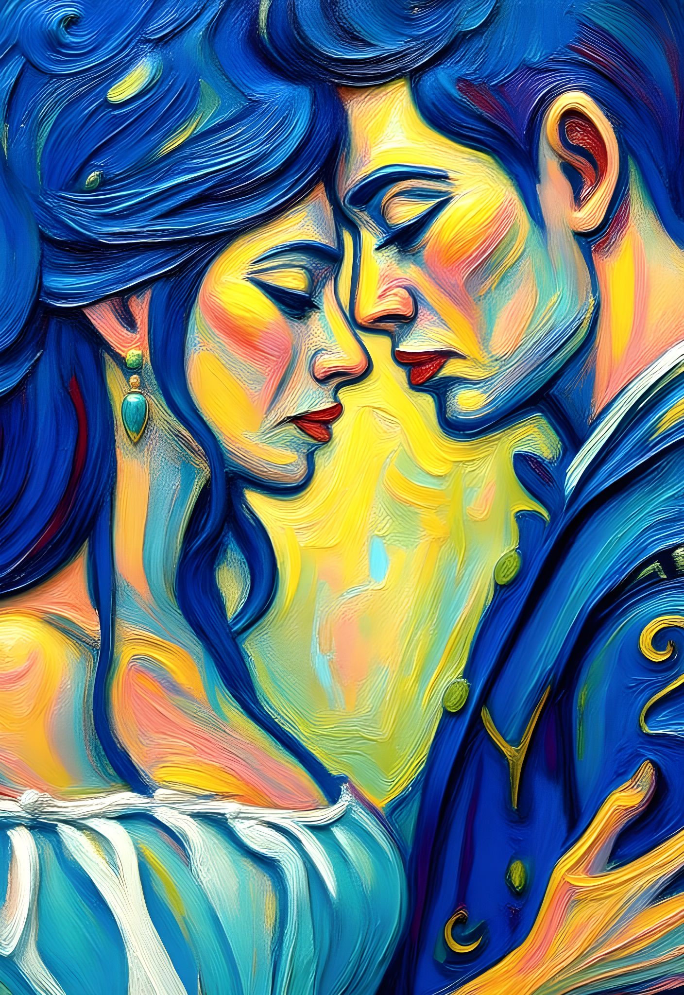 Couple's Passionate Embrace in Textured Acrylic