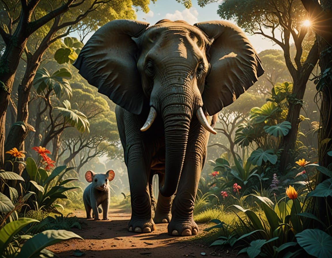 Gigantic Elephant Meets Tiny Mouse in Vibrant Landscape