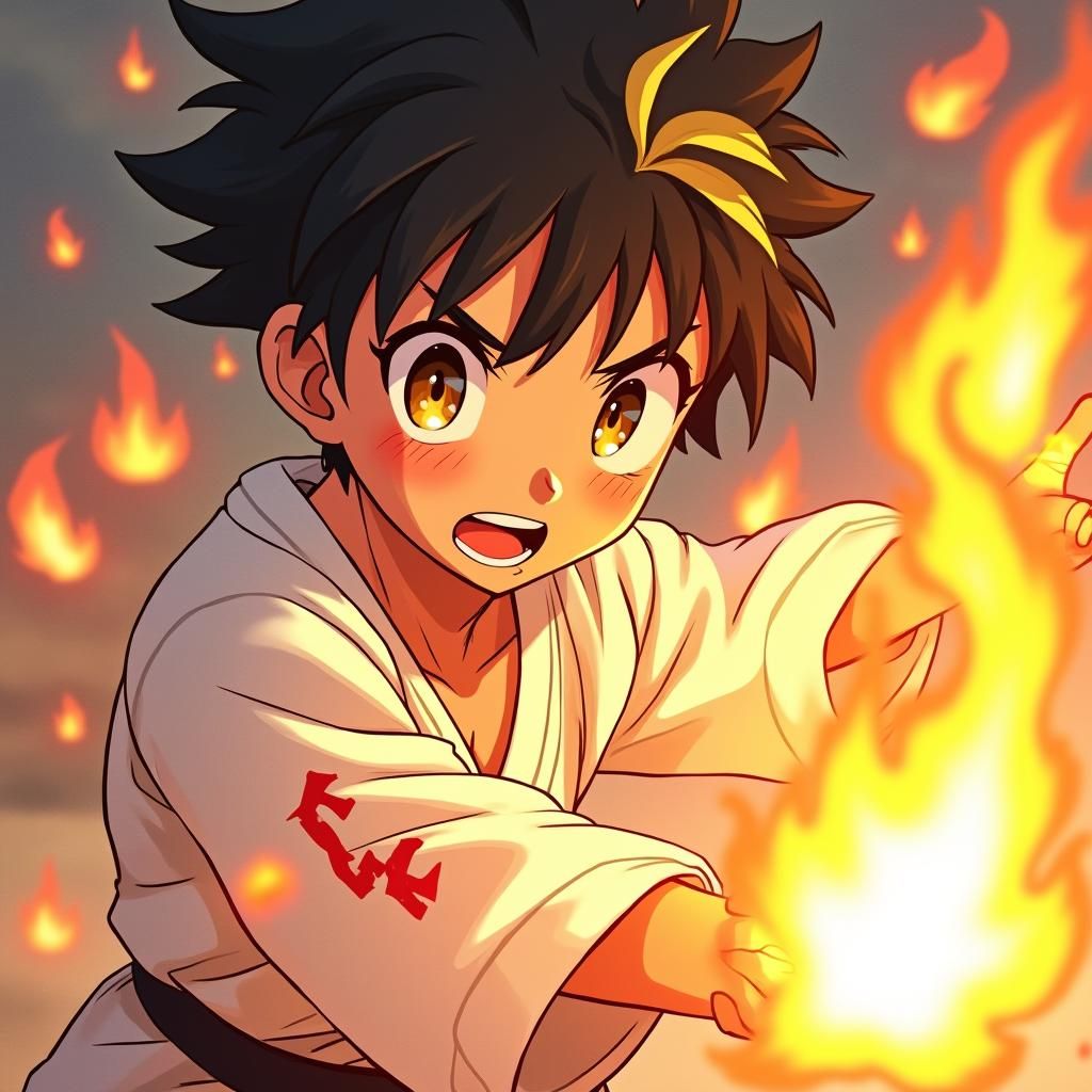 Boy Conjures Fire in Anime Martial Arts Style