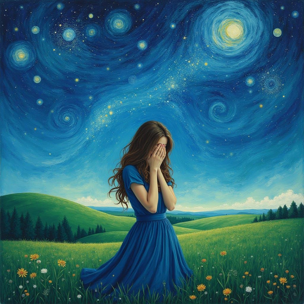 Whimsical Starry Night Landscape with a Lonely Figure in a G...