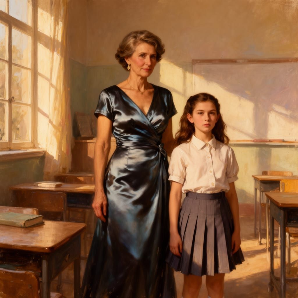 Mature Teacher and Schoolgirl in Sunlit Classroom