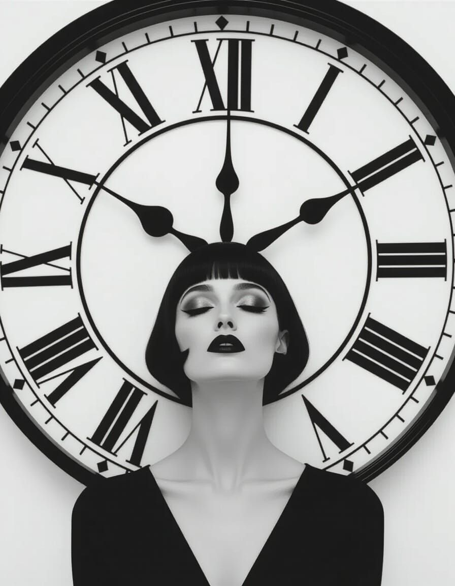 Surreal Woman with Clock Face: Minimalist Portrait