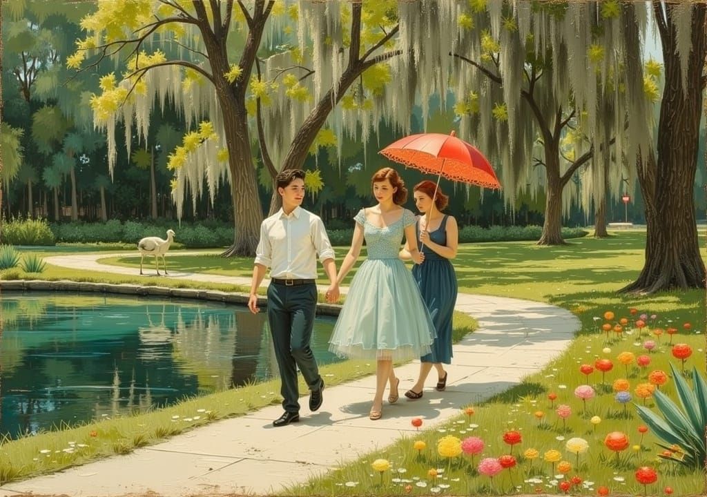 Idyllic Duck Pond Stroll in Art Nouveau Style