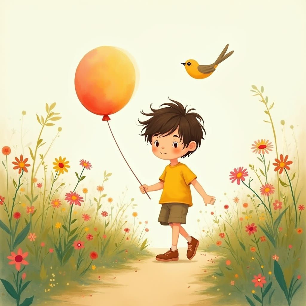 Whimsical Boy Walks Among Blooming Wildflowers