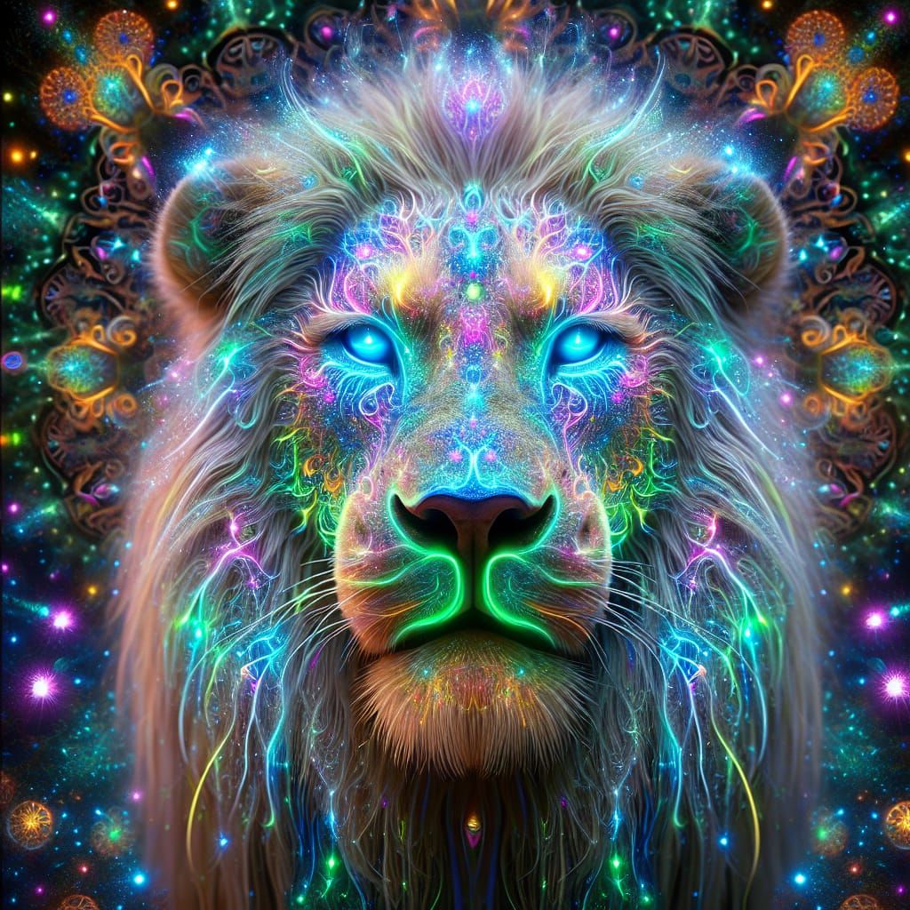 Bioluminescent Neon Lion in Surrealist Style