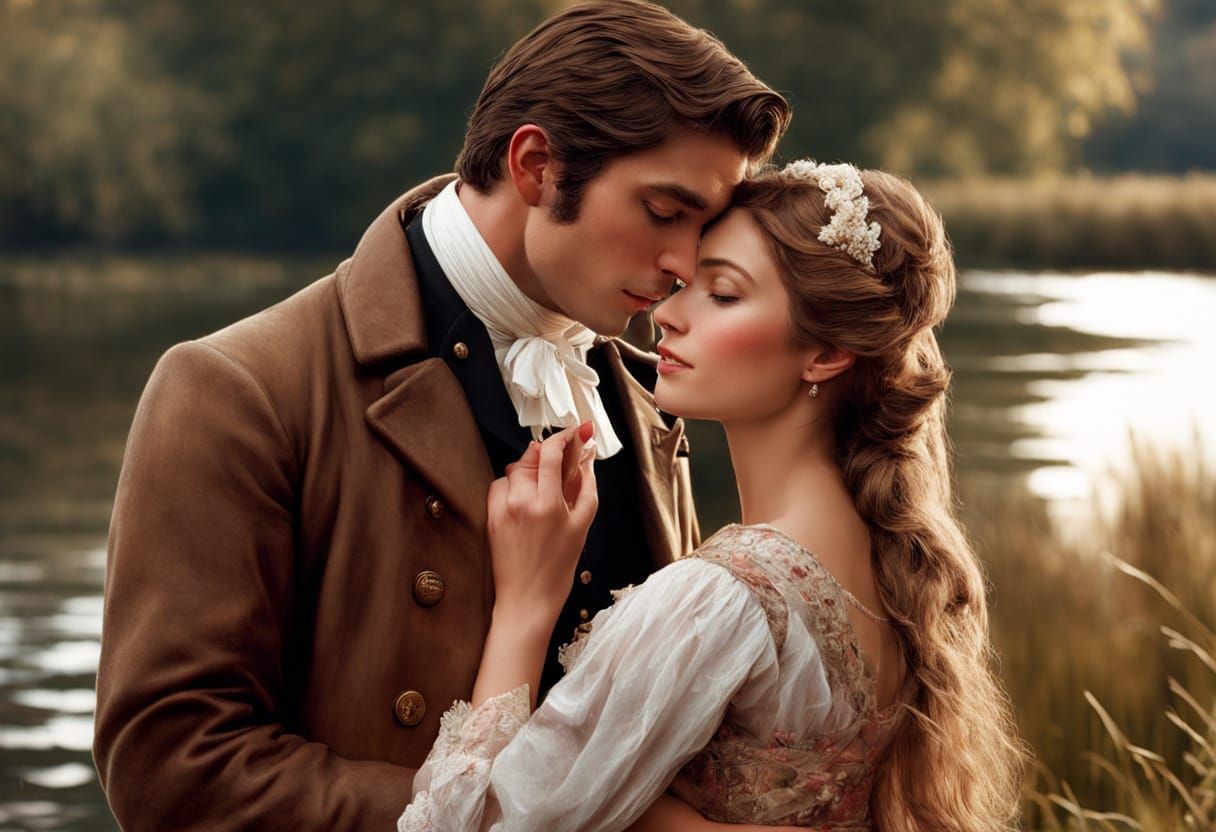 Elegant 18th Century Couple Embracing by a Serene Lake