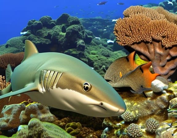 Mosaic Cat and Shark Underwater: Detailed 8K Image