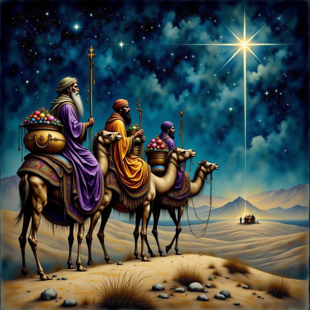 Three Wise Men Journey Under Starlit Sky