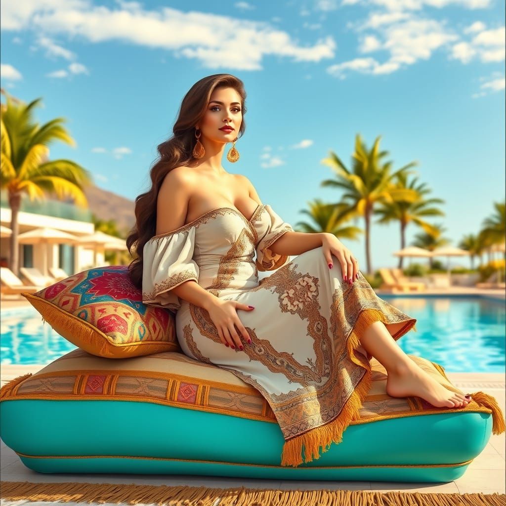 Elegant Woman Lounging in Resort Setting, Art Nouveau Style