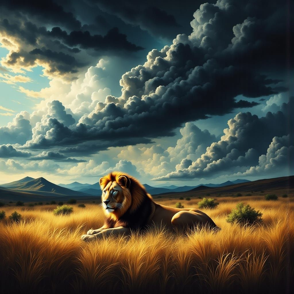 Majestic Lion on High Contrast Savannah in Graphic Art Style