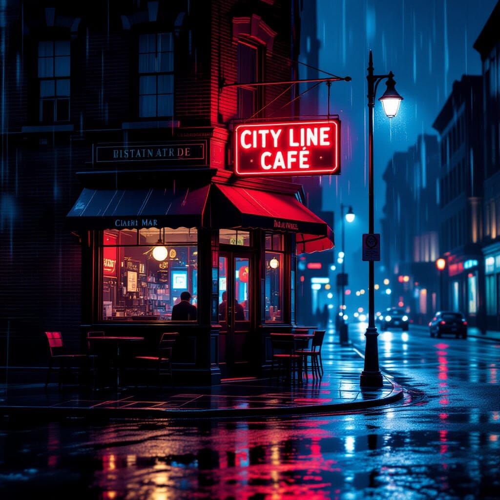 City Line Cafe: Neon Bar on Rainy Noir Street