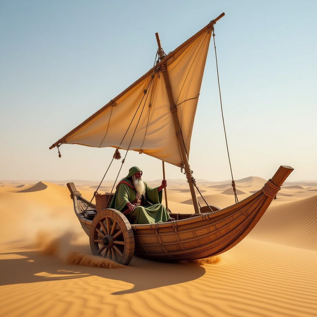 Celtic Mage Travels Desert in Magical Sail Coracle