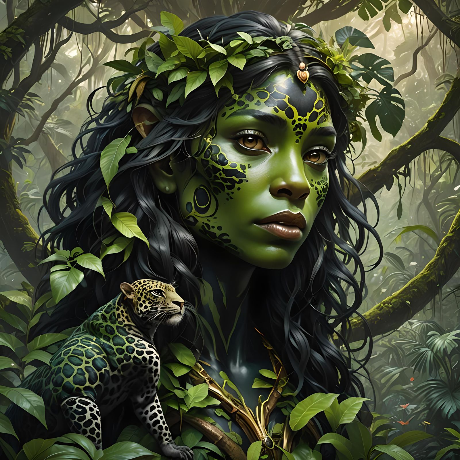 Lush Rainforest Scene with Jaguars and Monkeys