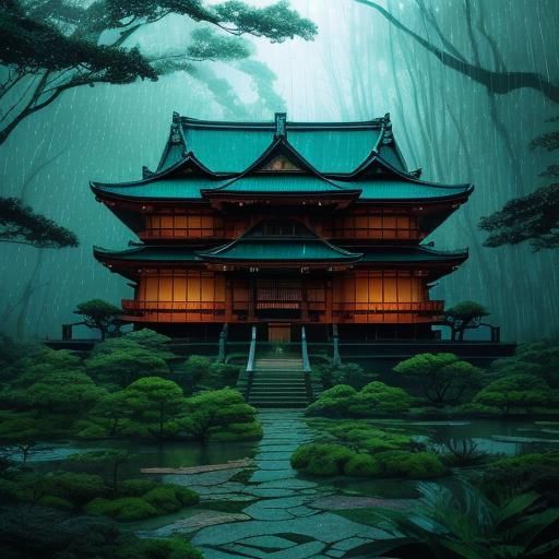 Luminous Jade Japanese Castle in Emerald Forest