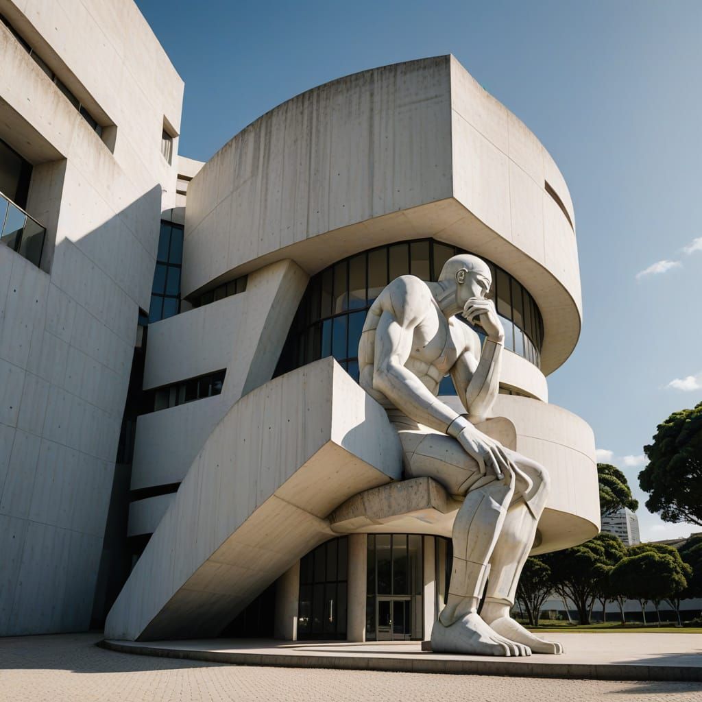 The Thinker Statue in Front of Minimalist Building