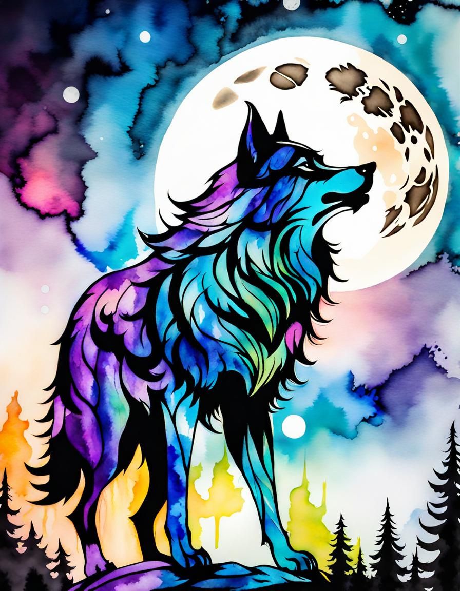 Werewolf Howling at Moon in Ink Blot Style
